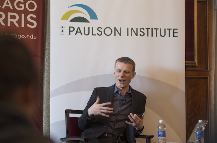 Eric Fish, staff writer at Asia Society and author of "China's Millenials: The Want Generation," delivers the Contemporary China Speakers Series lecture in the Quadrangle Club library Wednesday, Feb. 17, 2016, on the University of Chicago campus. The event is co-sponsored by Chicago Harris and the Paulson Institute. (Robert Kozloff/The University of Chicago)